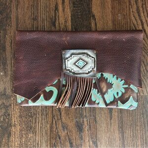 Unbranded Turquoise and Brown Embossed Leather Clutch